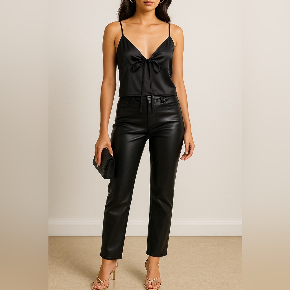 Black cropped satin tie front camisole M going out top clubbing party glam date